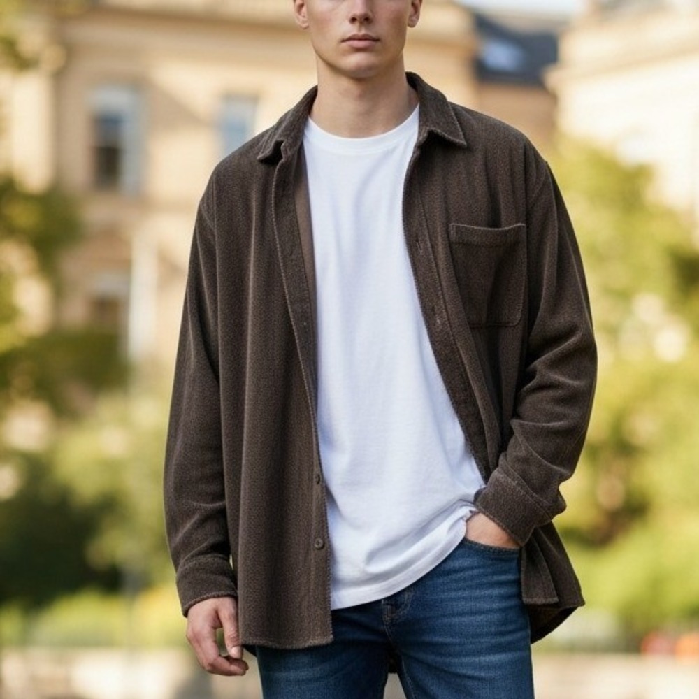 Jason Maxwell Mens Small Herringbone Button‎ Up Shirt Brown Tan Long Sleeve